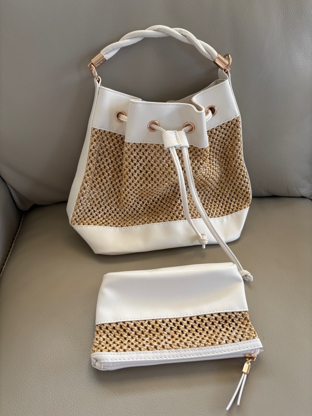 White and Natural Straw Drawstring Bucket Bag with Pouch